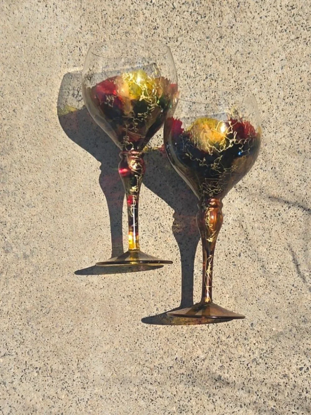 MONACO MONARCH Pair of Abstract Colorful Crystal Balloon Wine Stem Goblets